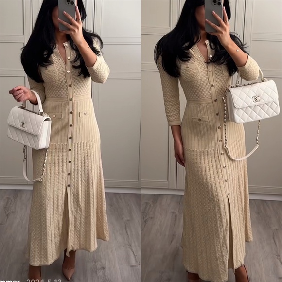 Sandro Ramina VIRAL TIKTOK metallic gold beige puff sleeve knit midi dress - Picture 1 of 9